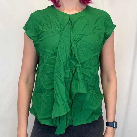MNG Basics Women's Sleeveless Crinkle Ruffle Detail Tank Blouse Emerald Green 8 - Picture 1 of 12